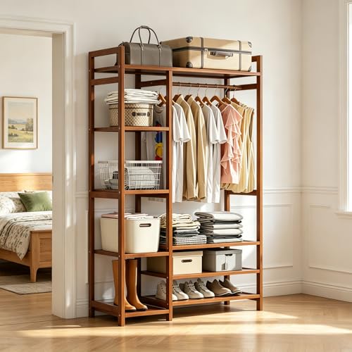 Perchero de Bambú Multiusos con 6 Niveles, Perchero para ropa Resistente con Barra para Colgar y Estantes de Almacenamiento, Adecuado para Dormitorio, Balcón y Lavandería,120 * 30 * 150CM（Marrón）