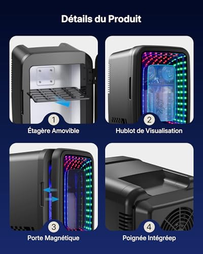 Upstreman Mini Fridge for Bedroom, 4 Liter/6 Cans, Mini Fridge with Infinite Lights, Cooling, 12V/220V, Mini Gaming Fridge for Game Room, Dorm, Car, Black, TR4-S