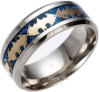 Feixingjewelry 8mm Blue Carbon Fiber Batman Ring Symbol Men Titanium Stainless Steel Silver Ring Band