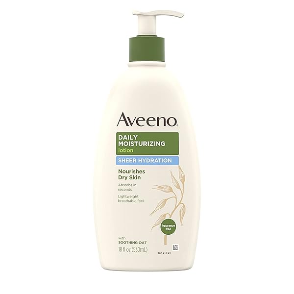 AVEENO ACTIVE NATURALS – DAILY MOISTURIZING LOTION – SHEER HYDRATION – FRAGRANCE FREE – NET WT. 18 FL OZ (530 ML) PER BOTTLE –