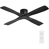WINGBO 54" Flush Mount DC Ceiling Fans without Lights, 4 Carved Solid Wood Blades, 6-Speed Reversible DC Motor, Low Profile Hugger Ceiling Fan No Lights, Matte Black