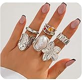 GIGB PBDK Chunky Gold Flower Knuckle Ring Set for Women Vintage Stackable Baroque Pearl Crystal Statement Ring Thick Hammered Thumb Ring Festival Party Jewelry