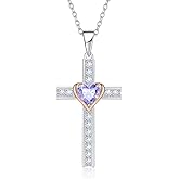 Calliora Birthstone Cross Necklace for Women, 925 Sterling Silver Heart Cross Pendant Necklace, Fine Cross Jewelry Birthday Anniversary Mother's Day Gifts for Her Mom Wife, 18"+2" Adjustable