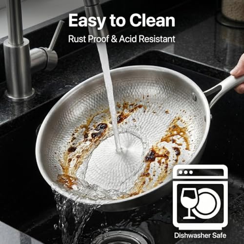 Pexucalm Titanium Frying Pan with Lid, 12" Uncoated Hammered Skillet for Cooking, PFAS/PFOA/PTFE Free Nonstick Cookware, Scratch Resistant, for Induction & Gas, Oven, Dishwasher Safe