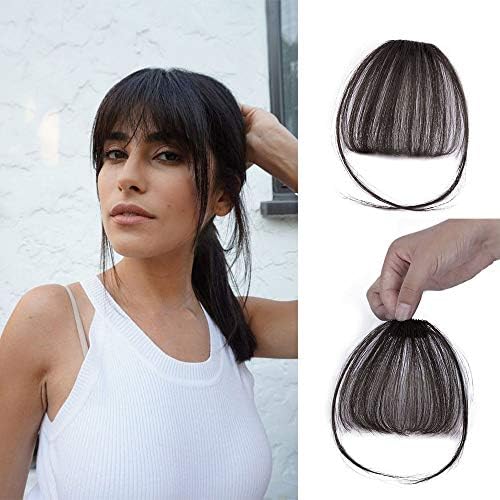 Stamped Glorious Clip in Bangs Human Hair Bangs Hair Pieces for Women Clip in Air Bangs Hairpieces Flat Bangs with Temples MiNi Hair Bangs One Piece Clip in Hair Bangs (Color:Black)