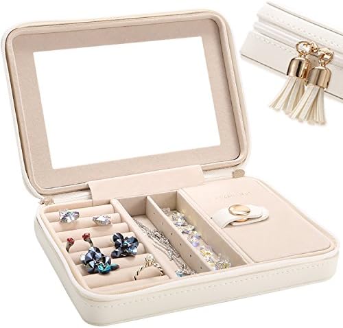 LE PAPILLION Small Jewelry Box Travel Jewelry Box Jewelry Travel Case Jewelry Organizer with Large Mirror, Gifts for Women, Great Gift Idea by (White)