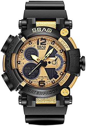 Sport Military Gents Watch Multifunction EL Light Alarm Calendar Week Date Dual Time Plastic Strap Analogue Digital Quartz Wrist Watches for Men Boys, Black Gold
