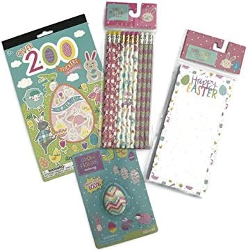 Easter Bunny Basket Stuffers Bundle - Includes: 1 Easter Notepad, 1 Egg Grow Figure, 1 Booklet With 200 Stickers, 1 Pack of 10 Pencils, (212 Total Items)