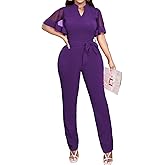 Oxgmoky Women's Jumpsuits Elegant Business V Neck Zipper Long Sleeve Sexy Strap Straight Long Pants Rompers With Pockets