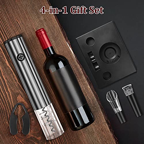 Delicacy Electric Wine Opener Set,Rechargeable Wine Opener Set with Charging Base,One-click Button Wine Bottle Corkscrew Opener with Wine Pourer, Vacuum Stopper and Foil Cutter (Batteries Included)