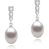 BAMIKI Pearl Drop Earrings, Saltwater Cultured Pearl, 925 Sterling Silver Dangle Earrings with Cubic Zirconia Diamonds, White Gold Plated Jewelry Gifts for Women