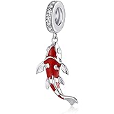 Qings Koi Carp Lucky Red Fish Charm Bead 925 Sterling Silver for Bracelet Necklace Making Jewelry DIY Enamel Inlaid CZ for Women