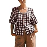 chouyatou Women's Gingham Button Down Shirt Cotton Shirt Plaid Blouses Short Sleeve Summer Tunic Tops