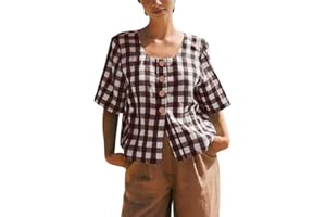 Cotton Gingham Shirt Women's Button Down Short Sleeve Square Neck Plaid Blouse – Loose Fit Summer Tunic for Beach