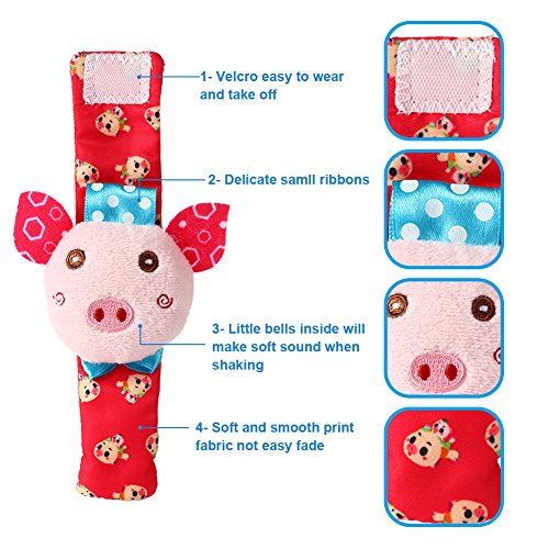 Acekid Baby Foot Rattle,4pcs Wrist Rattle and Socks Toys Set Toddler Soft Animal Toys Pig and Dog