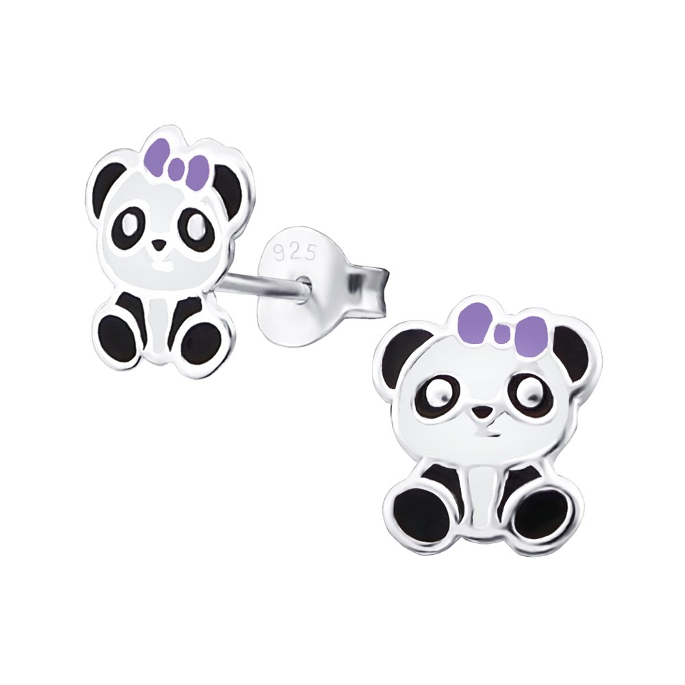 Panda Bear Earrings with Purple Bow - 925 Sterling Silver