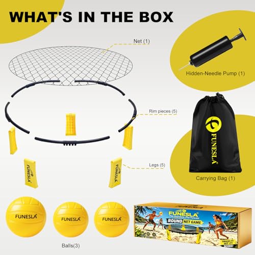 Roundnet Game Set - Outdoor Beach Volleyball Game, Quick Setup Non-Slip Ball Game with Hidden Needle Air Pump, Easy Assembly Portable Carry Bag for Beach Backyard Lawn Park