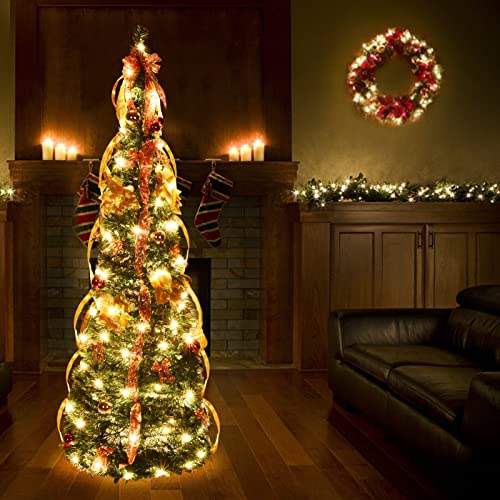 6 ft Christmas Tree, Poinsettia Artificial Pre Decorated Collapsible