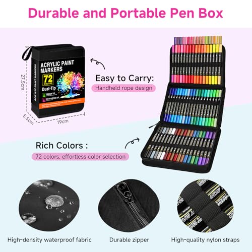 AHIKY 72 Colours Acrylic Markers, Double Ended Acrylic Markers with Fine Tip and Brush, Acrylic Paint Marker Permanent for Stones, Wood, Easter Eggs, Glass, Ceramic, Fabric