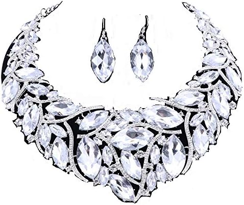Women Crystal Chunky Choker Statement Necklace Earrings Wedding Prom Jewelry Set Costume Fashion Accessories with Gift Box
