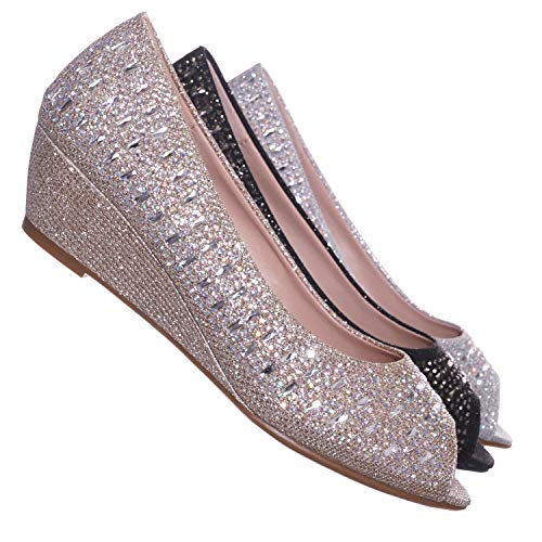 Women's Rhinestone Crystal Low Wedge Pump with Peep Zimbabwe Ubuy