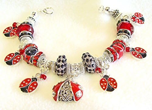 Cute Lady Bug Charm Bracelet with Crystal European-Style Beads #ladybugcharms, #amazonhandmade #redbracelet #handmadeatamazon #redblack #giftsforher