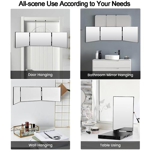 Vanexiss Rechargeable 3 Way Mirror for Hair Cutting, Real Glass Adjustable Trifold Mirror with 3 Color Temps LED Light & Telescoping Hooks for Makeup, Shaving & Styling