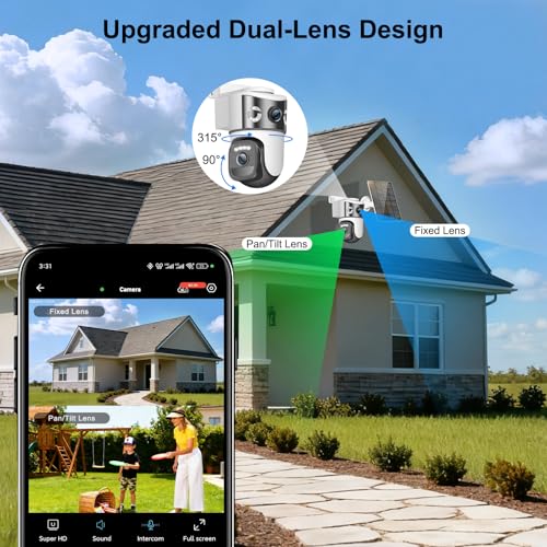 4K Dual Lens Solar Security Cameras Wireless Outdoor, 2.4G WiFi Camera Eurveillance Exterieur, 360° PTZ Solar Powered Security Camera with Color Night Vision, PIR Sensor, Spotlight Siren, 2-Way Audio