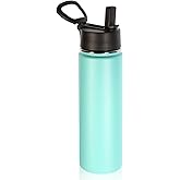 Volhoply 22 oz Insulated Water Bottles with Straw Lid, Stainless Steel Sports Bottle with Handle, Double Walled Vacuum Metal Travel Cups with Wide Mouth,Reusable Water Flask for School (Mint,1 Set)
