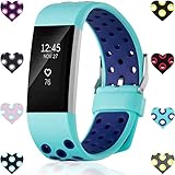 Wepro Replacement Bands Accessory for Fitbit Charge 2 HR with air hole, Small Teal on Blue