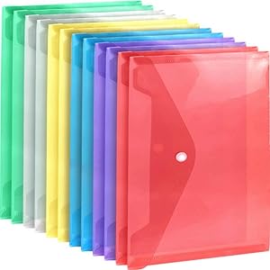 A4 Plastic Envelopes Poly Envelopes, LEOBRO 12 Pack Clear File Bags Document Folders Document Organizers with Snap Button in 6 Assorted Colors for Document Stationery Tools Organization