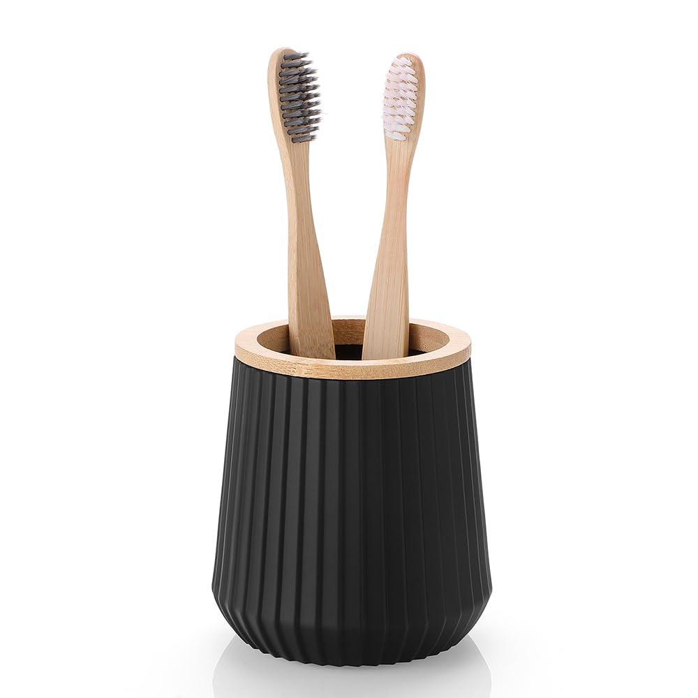 YAUKPH Bamboo Striped Toothbrush Holder for Electric Toothbrushes Bathroom Organizer for Toothpaste Kids & Adults（Black ）