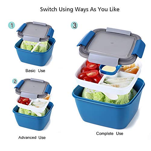 Shopwithgreen 52 OZ to Go Salad Container Lunch Container, BPA-Free, 3-Compartment for Salad Toppings and Snacks, Salad Bowl with Dressing Container, Built-in Reusable spoon, Microwave Safe (Navy)