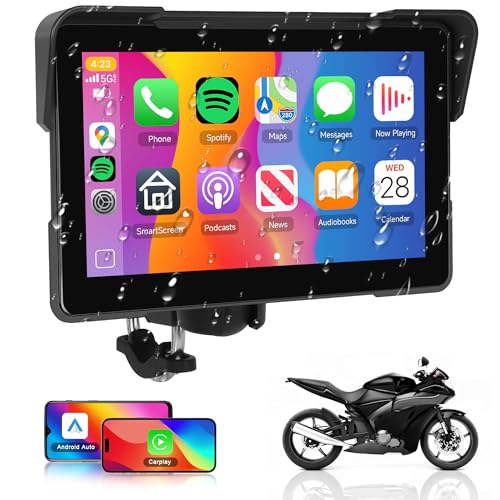 Rimoody Wireless Carplay Motorbike Ships Android Car, 7 Inch Touchscreen Portable Car Radio for Motorbikes, Wireless Carplay Display with Airplay/Android Cast/Dual Bluetooth/Navigation/IP67 Waterproof