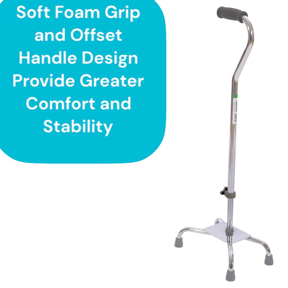 Essential Medical Supply Large Base Quad Cane in Silver - Height Adjustable Walking Cane, Sturdy and Durable Walking Cane for Improved Mobility and Stability with 4 Prong Base and Rubbber Tips