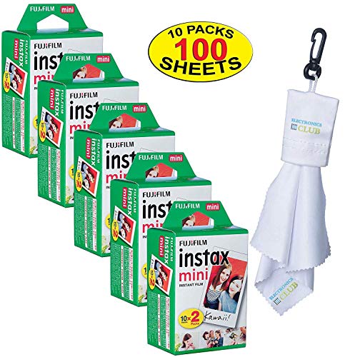 Fujifilm Twin-Pack of 10 Instax Mini Film (100-Sheets) | Designed for Mini 8 / Mini 9 Camera | Develops and Prints Photos Instantly | -Bonus- Free Lens Cleaner Microfiber Cloth