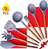 Silicone Kitchen Utensils Set With Pot Holder - Acacia Wood Cooking Utensil Set- Spatula Cookware Set With Wooden Handles - Heat Resistant Non Stick - Tools For Serving - Spoons, Turner, Ladle, Brush