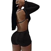 Tinodu Women Sexy Off Shoulder Crochet Knitted Hollow Out Long Sleeve Romper Backless Bodycon Party Club Night Rompers