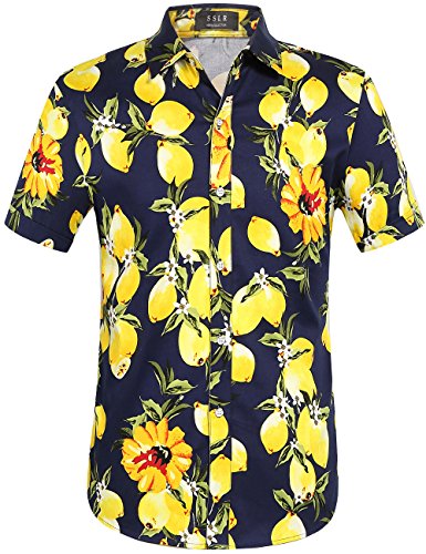 SSLR Men's Lemon Hawaiian Style Short Sleeve Button Down Casual Shirt (XX-Large, Yellow)