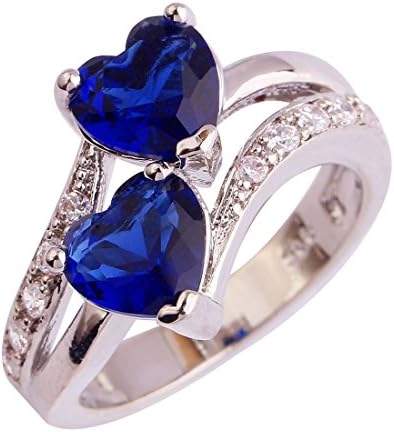 Emsione Vintage 925 Sterling Silver Plated Halo CZ Double Heart Created Blue&White Topaz Love Wedding Promise Ring
