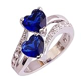 Emsione 925 Sterling Silver Plated Created Heart Blue&White Topaz Womens Promise Ring