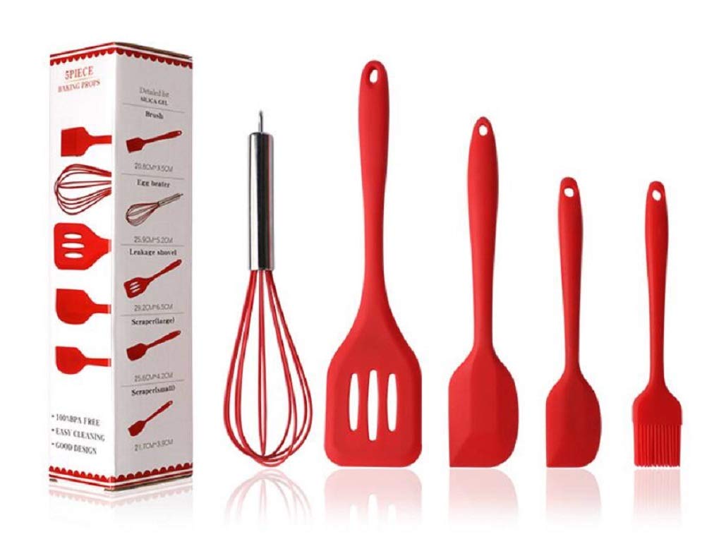 Hillento Silicone Kitchen Utensil Set Kitchenware 5PCS Silicone Kitchen Utensils Set Spatulas Brush Cooking Tools, Easy to Use & Clean, Red