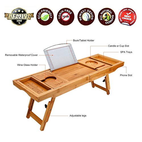 Bathtub Caddy Tray Bath Table with Extending Sides, Bamboo Bath Tub Trays Tablet with Wine and Book Holder , Cell phone Tray and Wine Glass Holder - Thumbnail 2