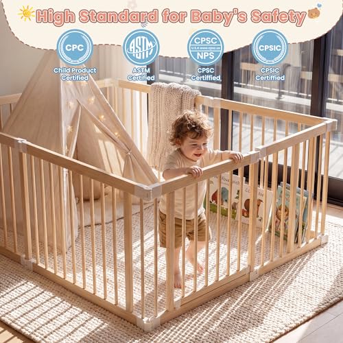 BLEKOO Portable Wooden Baby Playpen with Gate - Foldable 6-sided Activity Center, Adjustable Indoor Play Yard for Infants & Toddlers, Expands to 56" x 56" x 24" Safety Fence