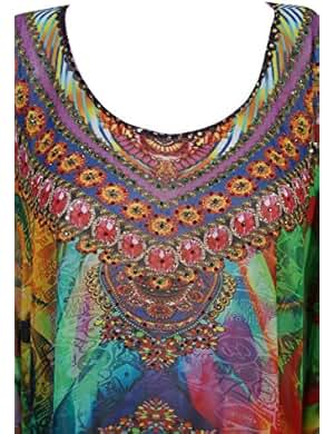 Mogul Womens Caftan Dress Lost In Dreams Jewel Print V-Neck Short Kaftan Cover Up