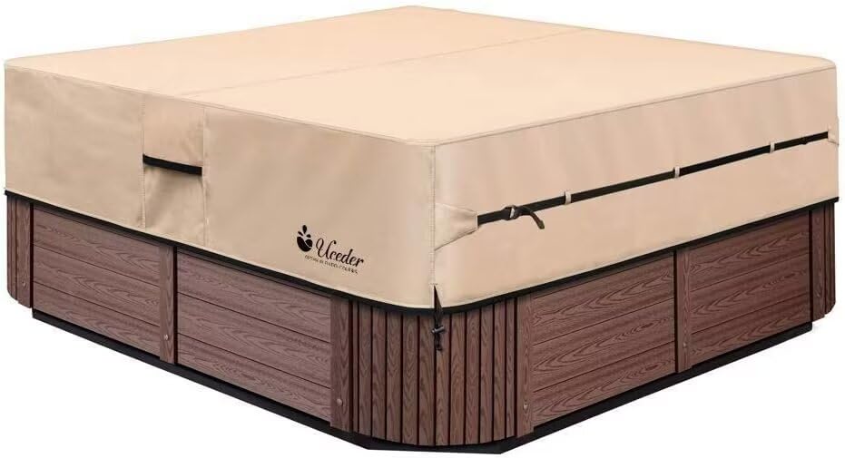 UCEDER Waterproof Hot Tub Cover -Outdoor Spa Cover Cap(Actual Size 126"x93"x20'' Fit 124"x91") 600D Heavy Duty Polyester Hot Tub Cover Protector(Brown) Image