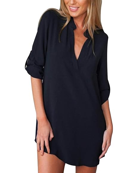 ZANZEA Damen V-Ausschnitt Chiffon Langarm Slim Oversize T-Shirt Bluse Lose Tops