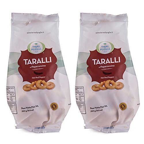 Terre di Puglia - Taralli al Peperoncino - Hot Red Pepper Taralli, 8.8oz (Pack of 2)