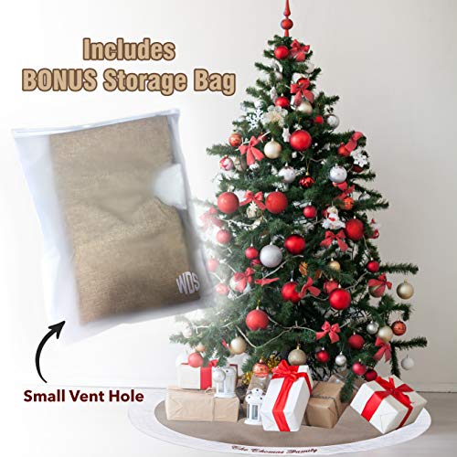 48 Inch Custom Embroidered Burlap Christmas Tree Skirt + BONUS Large Zip Storage Bag - Put Your Family Name (or Any Text) on the Premium Fleece Cross Stitch Border Trim - Rustic Farmhouse Decor Gift