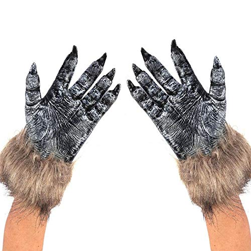 Qchomee Halloween Wolf Paw Claw Gloves Scary Werewolf Handwear Monster Paw Hairy Hands Gloves Rubber Faux Fur Gloves Adult Teen Cosplay Fancy Dress Up Party Cosplay Carnival Party Halloween Christmas
